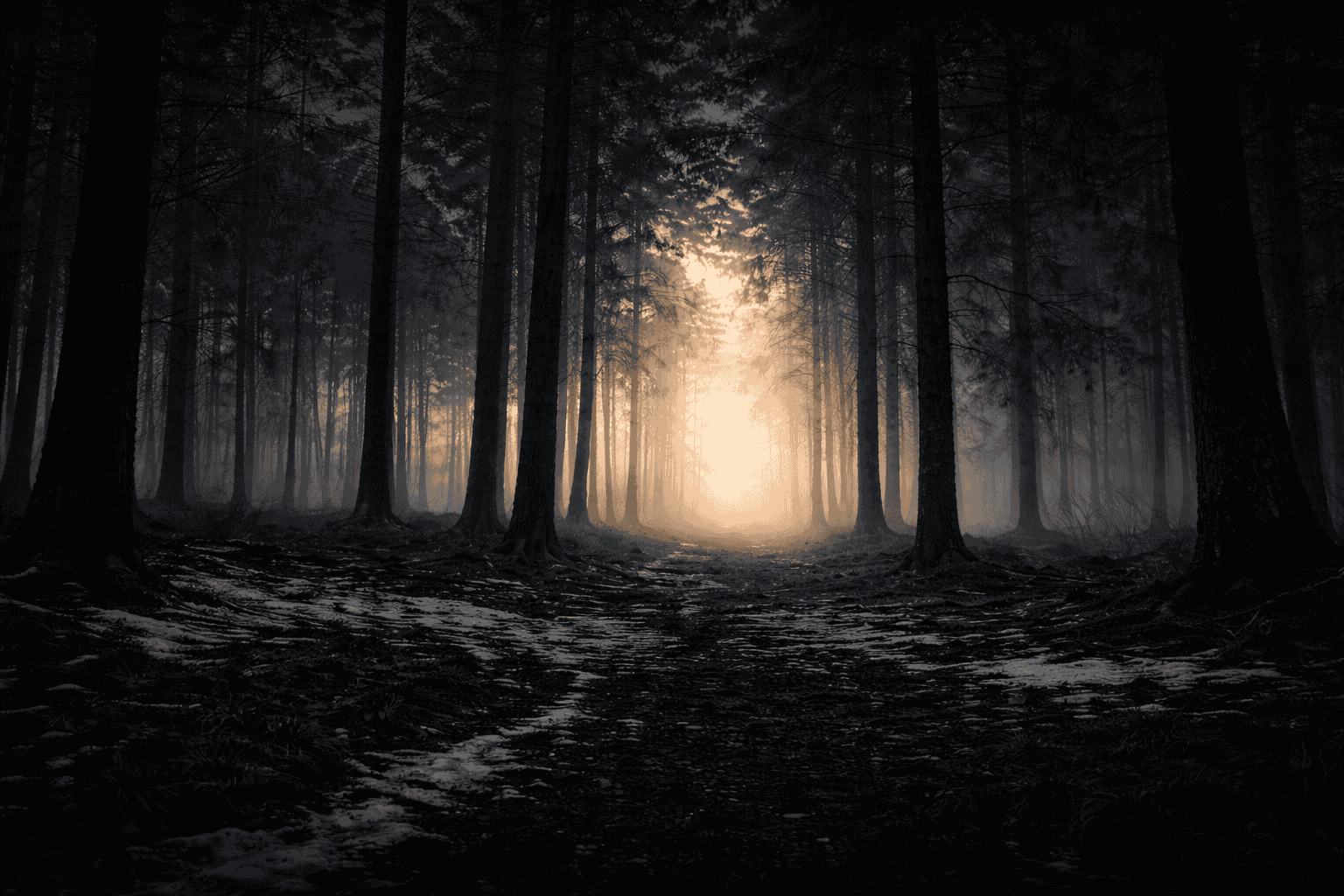 Misty forest with light shining through trees